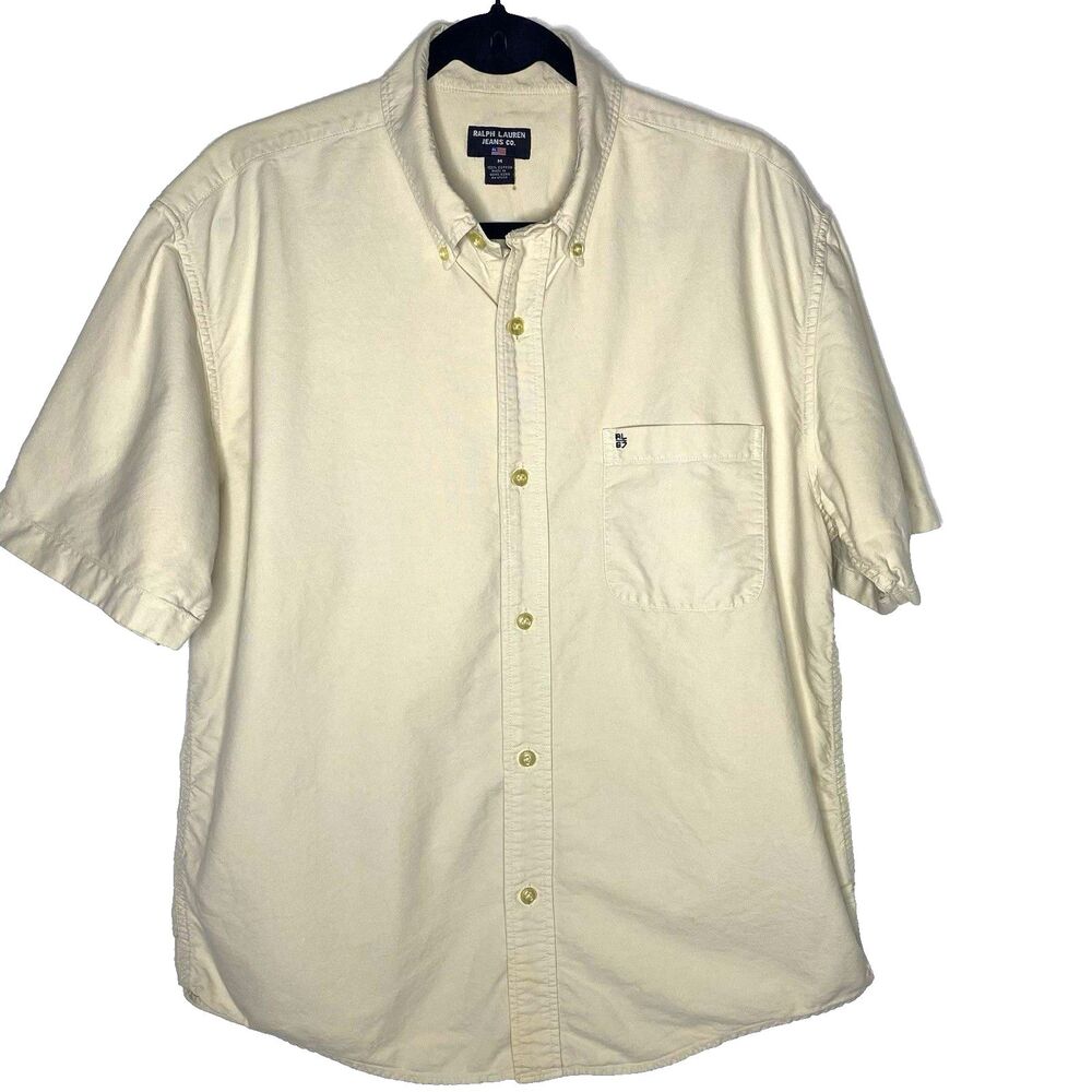 Ralph Lauren Jeans Co Button Down Shirt Logo Short Sleeve Cotton Mens M Cream